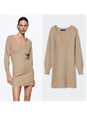 MANGO A-Line Jolene Mini Sweater Dress NWT in Beige Medium